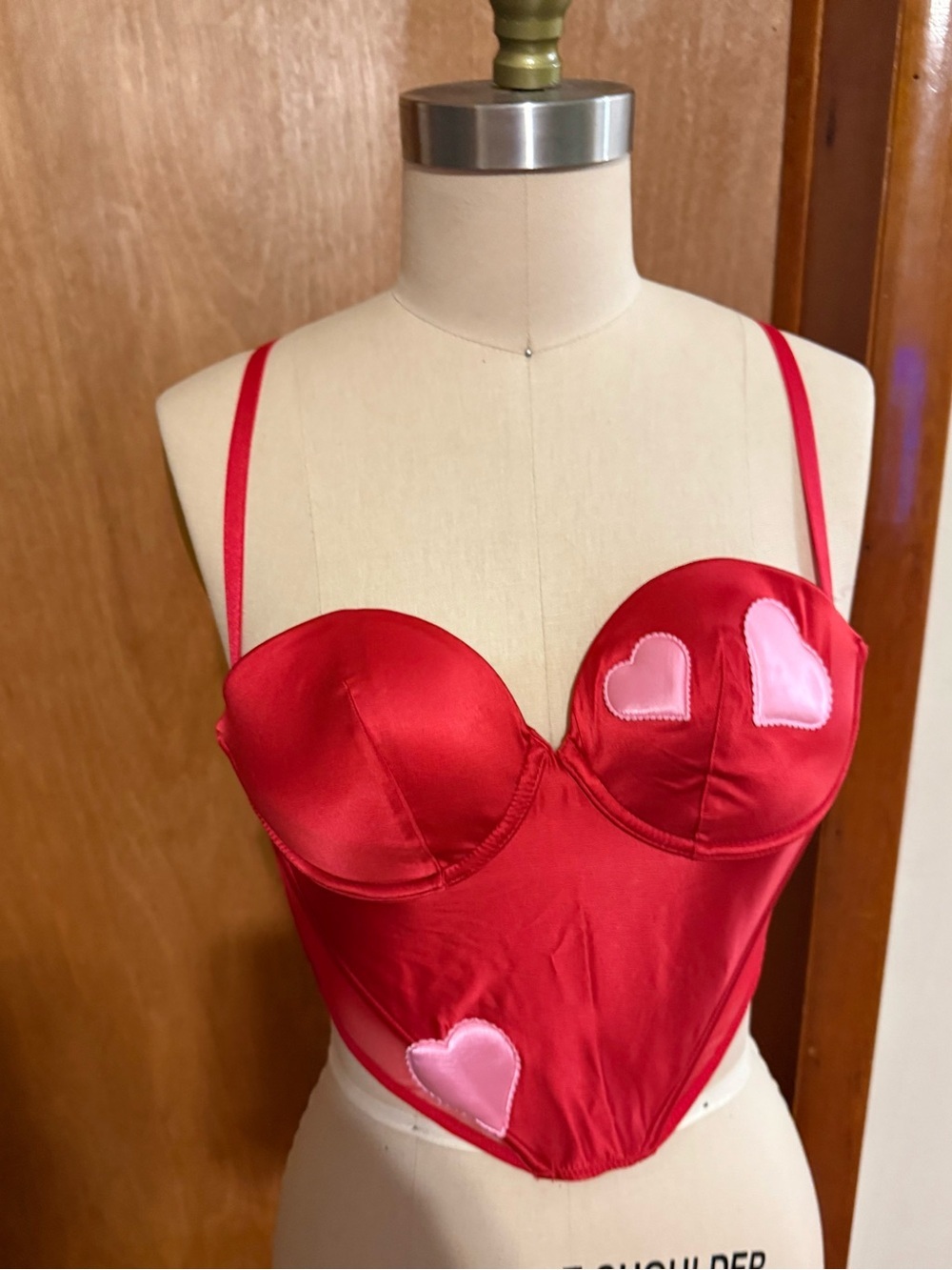 Adore Me Red Satin Heart Bustier with Pink Heart Appliqués